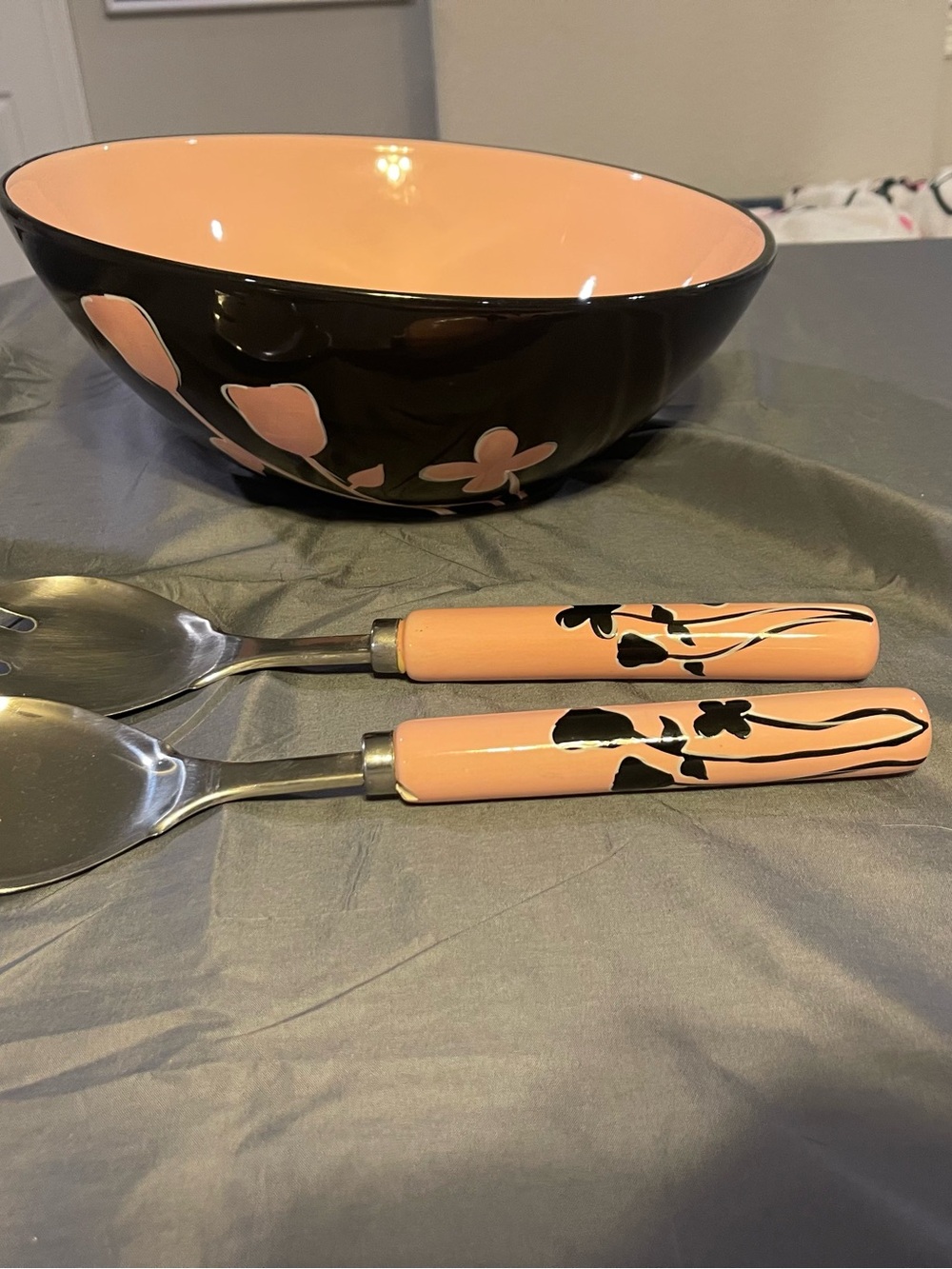 Mary Kay Pink and Black Floral Serving Bowl with Matching Salad Servers